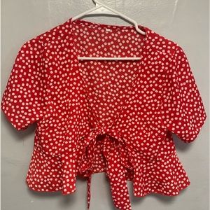 Shein Red and White Polka Dot Top Wrap Front Top Size Medium